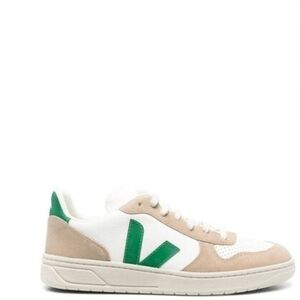 [NEW] Veja V10 White Sneakers with Green 'V' and Beige Suede Accents
